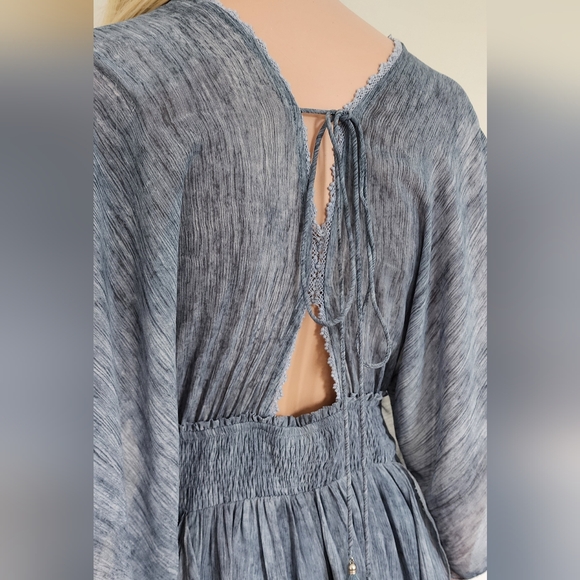 BLUE DRESS MOON RIVER RUFFLES V-NECK OPEN SLEEVES CINCHED WAIST MIDI FULL SKIRT - Picture 5 of 16